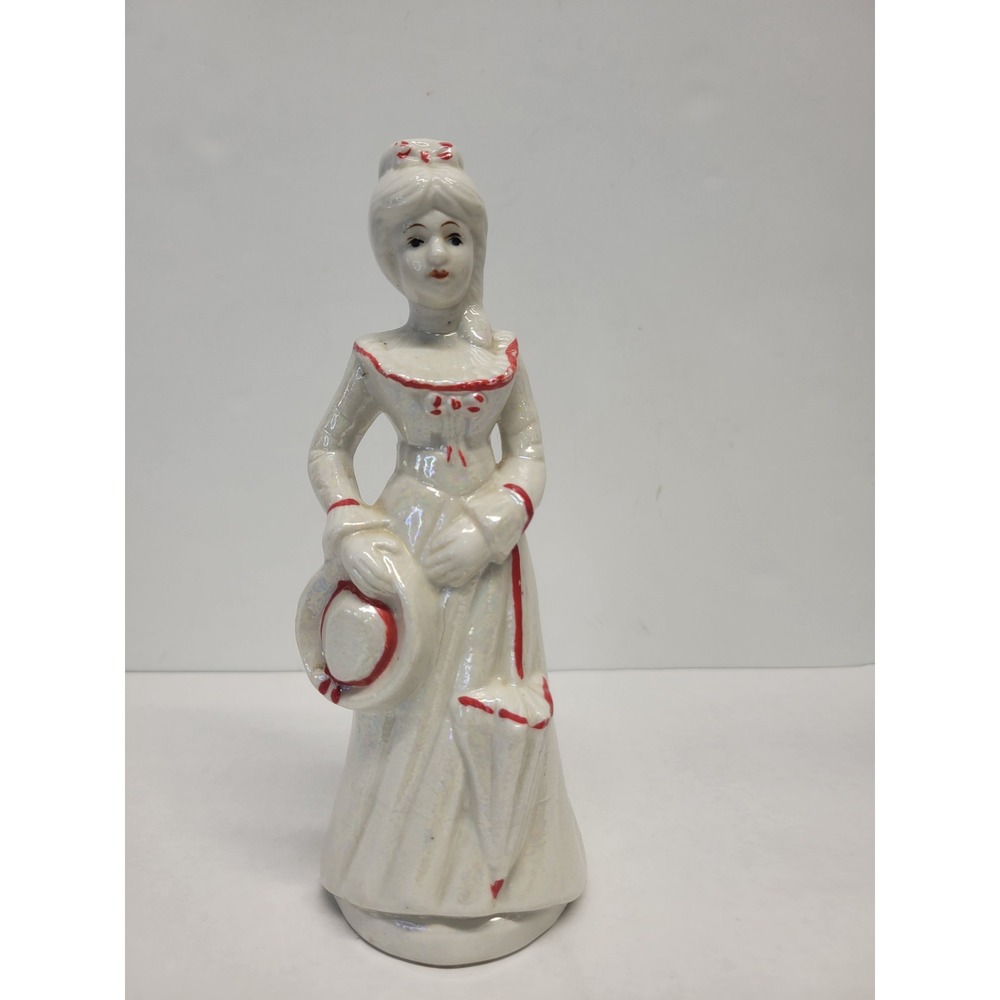 Vtg Flambro Taiwan Porcelain Victorian Lady Figurine Red Trim Pearl Glaze‎ 6.5in